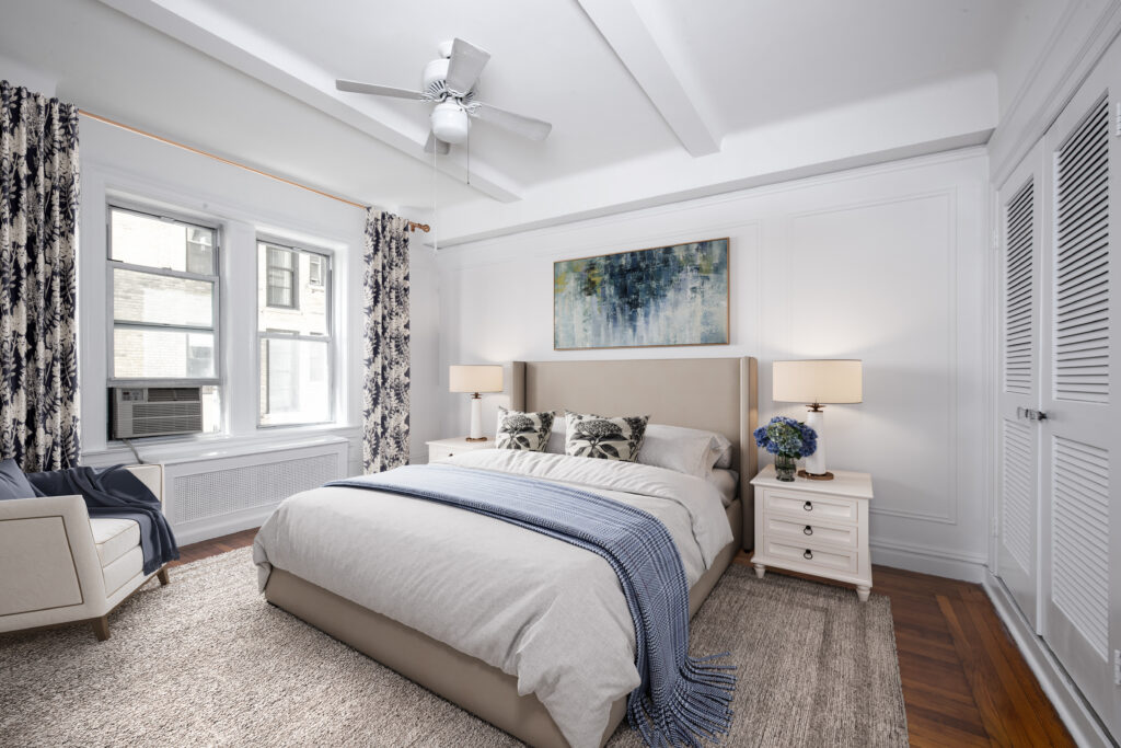 Sophisticated and refined second bedroom in an Upper West Side condo, showcasing a blend of modern and classic design elements.