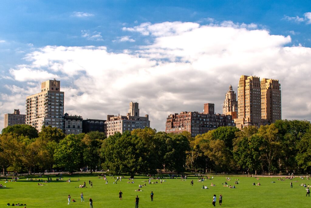 Skyline Views of Upper West Side and Manhattan from Central Park being enjoyed on a Summer Day